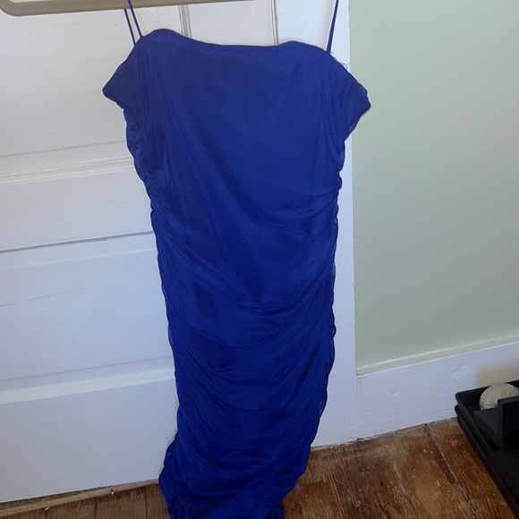 Knee Length Formal Fitted Ruched Blue Dress - Picture 2 of 4